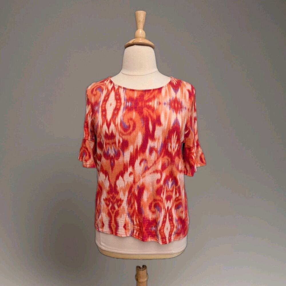 Chico's Colorful Ikat Elbow Sleeve Top Size Large Orange